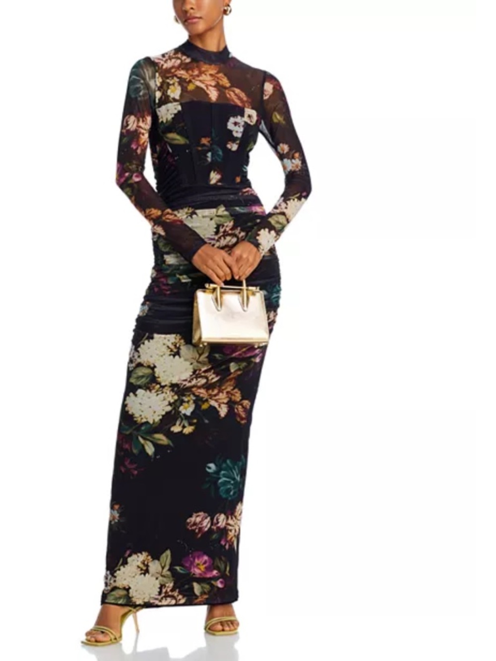 Black Halo Black Floral Mesh Long-Sleeve Maxi Dress